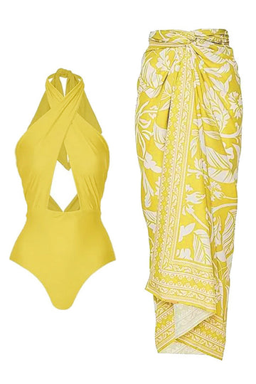 Yellow Printed Halter One Piece Swimwear with Cover Up